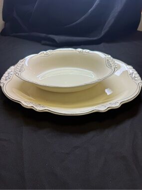 Ivory Homer Laughlin Virginia Silver Rose Rim Serving Bowl and Platter Set